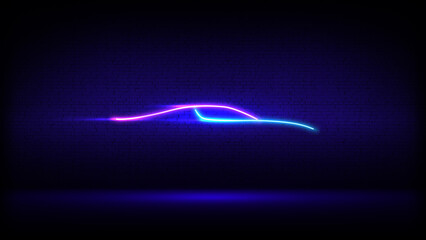 Neon glowing car silhouette. Neon sign brick wall branding. Modern led car silhouette in side view...