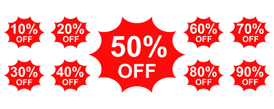 Red sale tag with discount. Set of discount sale badge from 10 to 90 percent. Stickers  special offer tag for product.