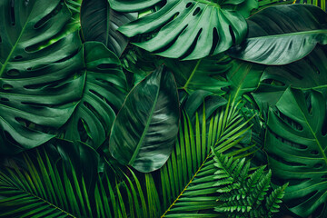 closeup nature view of green leaf and palms background. Flat lay, dark nature concept, tropical leaf - obrazy, fototapety, plakaty