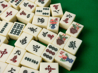 The mahjong on table ancient asian board game close up image