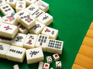 The mahjong on table ancient asian board game close up image