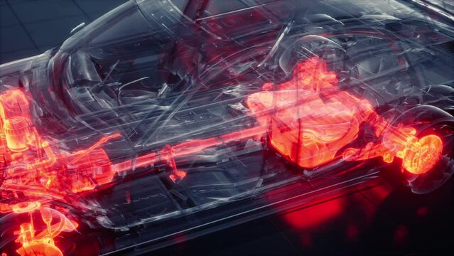 transparent car with engine in laboratory