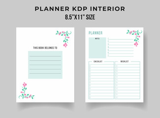 Daily planner KDP interior. Floral daily routine planner notebook. Daily planner journal template. Work schedule template.