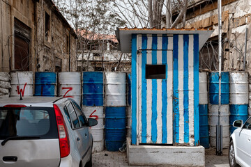 Guard post painted in the colors of Greek flag at The Green Line in Nicosia, Cyprus