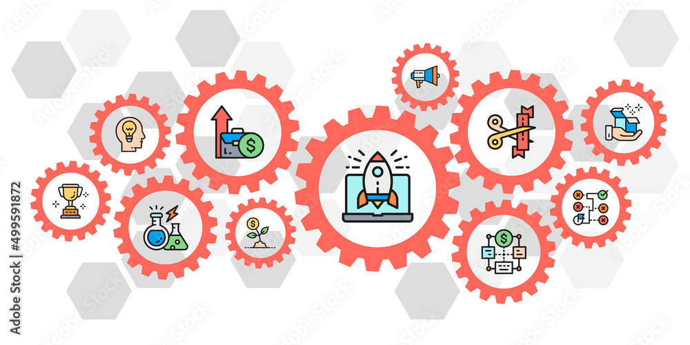 Poster start up colored icons vector banner. time management, idea generation, presentation web header bann