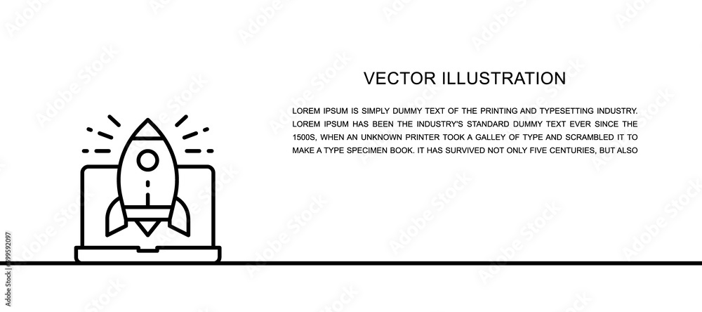 Poster vector rocket launch from laptop, startup one line icon. continuous one line illustration.