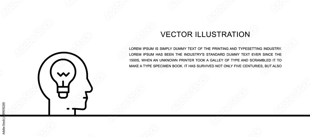 Poster vector head with lamp, idea generation, knowledge one line icon. continuous one line illustration.