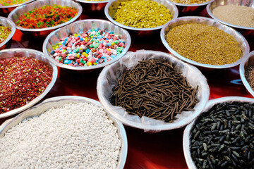 Indian variety of traditional mouth freshener in bowl for sale, mukhwas, poona, traditional Indian mouth freshener.