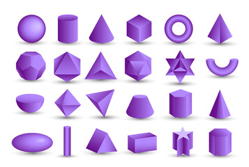 Vector realistic 3D purple geometric shapes isolated on white background. Maths geometrical figure form, realistic shapes model. Platon solid. Geometric shapes icons for education, business, design.
