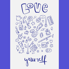 Cute funny doodle vector poster or card with fashion girl cool elements and beauty lettering