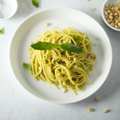 Traditional spaghetti with pesto sauce