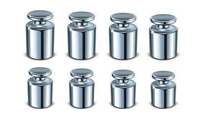 Calibration Weight Metallic Accessory Set Vector. Blank Steel Weight Heavy Equipment For Measuring Kilogram And Gram. Vintage Measure Tool For Balance Scale Template Realistic 3d Illustrations