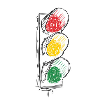Traffic lights, all light is on, hand drawn vector illustration