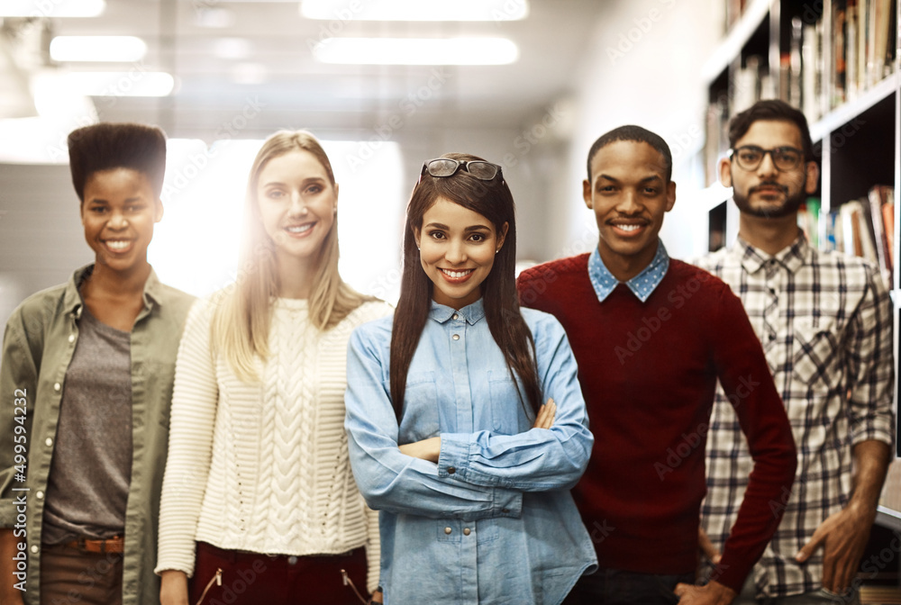 Aufkleber our successful careers start with a good education. portrait of a group of university students stand