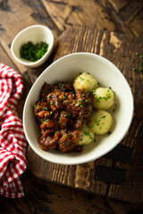 Beef goulash with potato dumplings