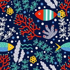 Seaweed and fish. Decorative seamless pattern. Can be used in textile industry, paper, background, scrapbooking.