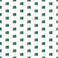 Vector forest house, nature landscape pattern with various icons. Symbol texture design.