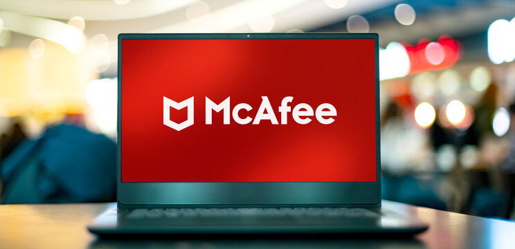 Laptop computer displaying logo of McAfee
