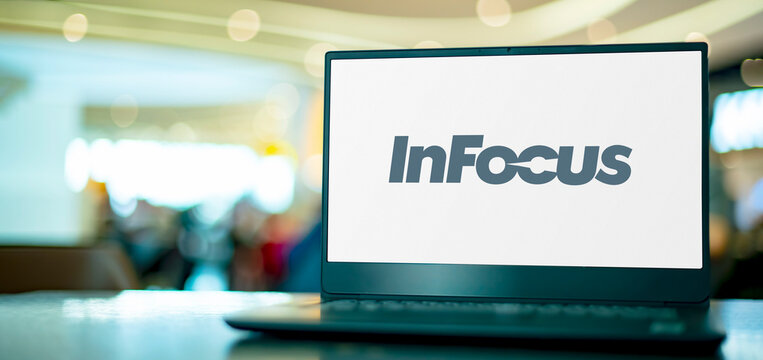 Laptop computer displaying logo of InFocus