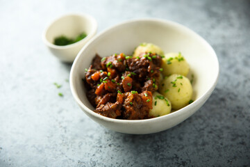 Beef goulash with potato dumplings