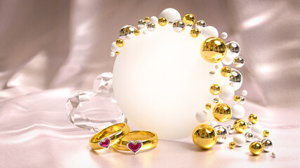 Postkartenmotiv mit Textfeld verziert mit metallic Perlen, Diamantherz und Eheringe mit Herzrubin auf weißem Satinhintergrund