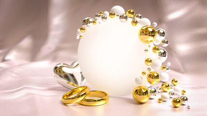 Postkartenmotiv mit Textfeld verziert mit metallic Perlen, Silberherz und goldenen Eheringen auf weißem Satinhintergrund