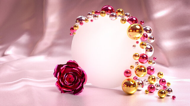 Postkartenmotiv mit Textfeld verziert mit metallic Perlen und Rose auf wei&szlig;em Satinhintergrund