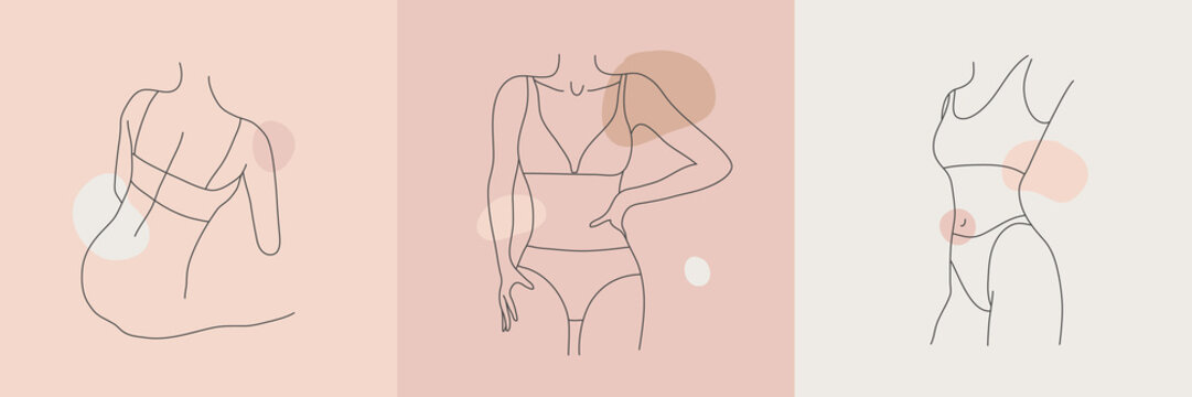 Vector set of woman body line art illustration. Minimalist linear female figures, lingerie posters, cards, social net posts. Abstract nude sensual line art. Women body silhouettes, nude colors