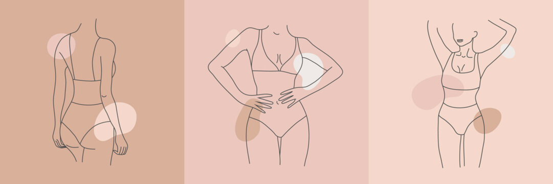 Vector Set Of Woman Body Line Art Illustration. Minimalist Linear Female Figures, Lingerie Posters, Cards, Social Net Posts. Abstract Nude Sensual Line Art. Women Body Silhouettes, Nude Colors