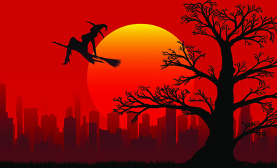 Fototapeta na wymiar silhouette of a witch flying on a broomstick and an old branchy oak against the backdrop of the setting sun and the city in the distance