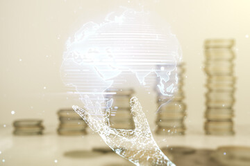 Obraz premium Multi exposure of abstract creative digital world map hologram on stacks of coins background, tourism and traveling concept