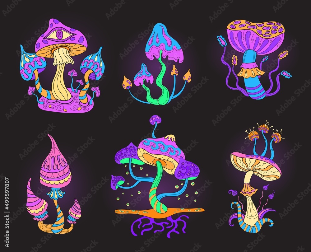 Wall mural Psychedelic mushrooms. Magical mushroom psycadelic hippie trip, magic forest fungi fantasy hallucinogen potion, colorful botanical psilocybin crazy mystical mushroo neat art vector