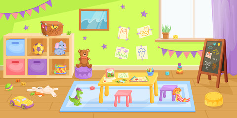 Kindergarten toy room. Kid classroom, cartoon nursery preschool daycare, play game child toys indoor playground interior, childish painting at wall playroom exact vector