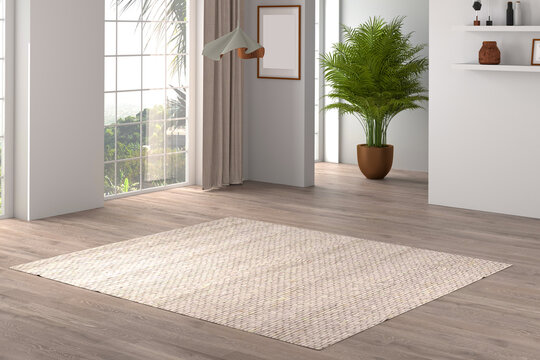 3D render Modern interiors empty room .plant vase. floor parquet. photo frame