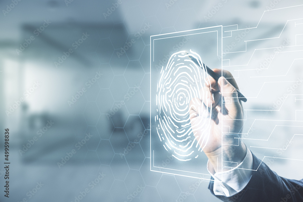 Poster multi exposure of man hand with pen working with virtual fingerprint scan interface on blurred offic