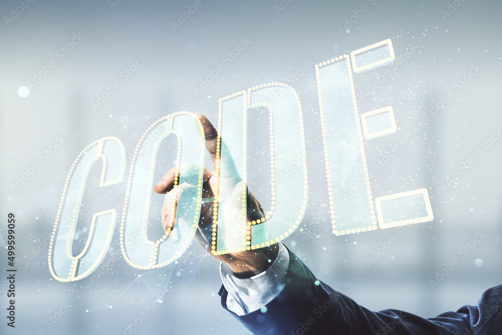 Aufkleber Man hand clicks on Code word hologram on blurred office background, artificial intelligence and neural networks concept. Multiexposure