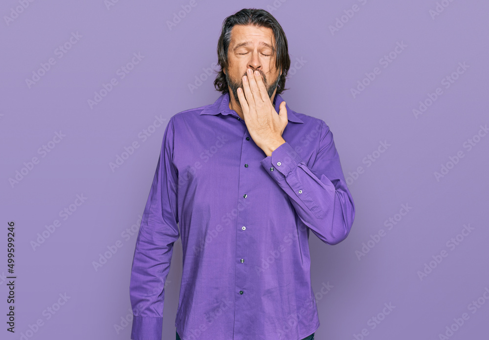 Sticker middle age handsome man wearing business shirt bored yawning tired covering mouth with hand. restles