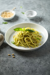 Traditional spaghetti with pesto sauce