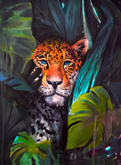 Painted leopard in tropical leaves. Oil painting on canvas. Modern painting. Exotic motif.  © Anna