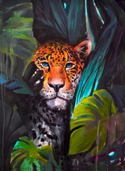 Foto op Plexiglas Painted leopard in tropical leaves. Oil painting on canvas. Modern painting. Exotic motif.  © Anna