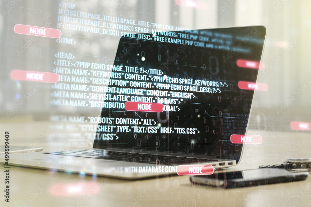 Poster double exposure of abstract creative programming illustration on computer background, big data and b