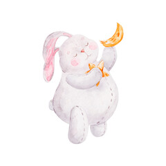 cute rabbit in the sky with stars and clouds, catching the stars, cute watercolor childish illustration isolated on white background