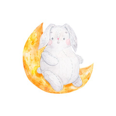 cute rabbit in the sky with stars and clouds, catching the stars, cute watercolor childish illustration isolated on white background