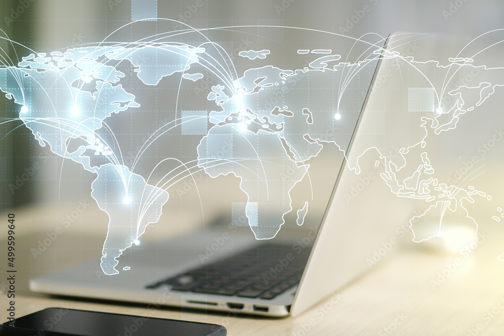 Poster abstract graphic digital world map with connections on modern computer background, globalization con