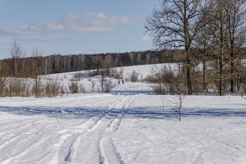 Winter landscape of snow-covered hills and trees with a figures of a cross-country skiing couple.