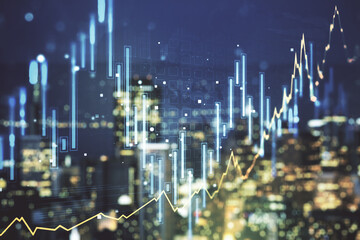 Multi exposure of virtual abstract financial graph interface on blurry skyscrapers background, financial and trading concept