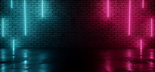 Neon Lights Grunge Sci Fi Underground Garage Car Room Cement Asphalt Concrete Brick Wall Realistic Blue Purple Colors Cyber Background 3D Rendering