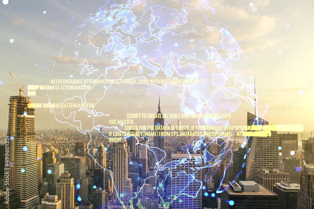 Aufkleber double exposure of abstract programming language hologram and world map on new york city skyscrapers