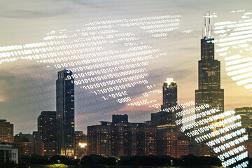 Double exposure of graphic America map hologram on Chicago office buildings background, big data and digital technology concept