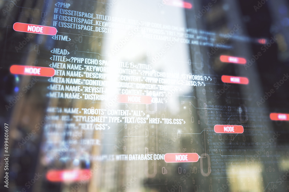 Poster abstract virtual coding concept on office buildings background. multiexposure